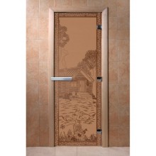 Дверь стеклянная DoorWood 900*2000 "Банька в лесу Бронза матовая" стекло бронза матовая 8 мм, коробка ольха, ручка алюминий/дерево